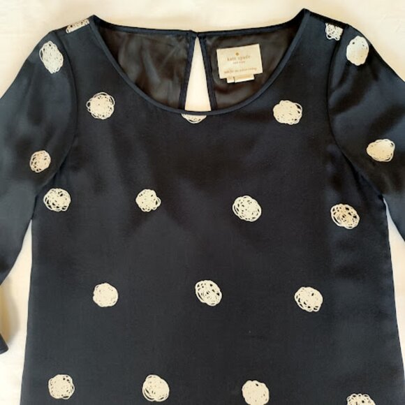 KATE SPADE Silk Polka Dot Black + Cream Shift Dress 3/4 Bell Sleeve Mod Retro 2 - Picture 4 of 15